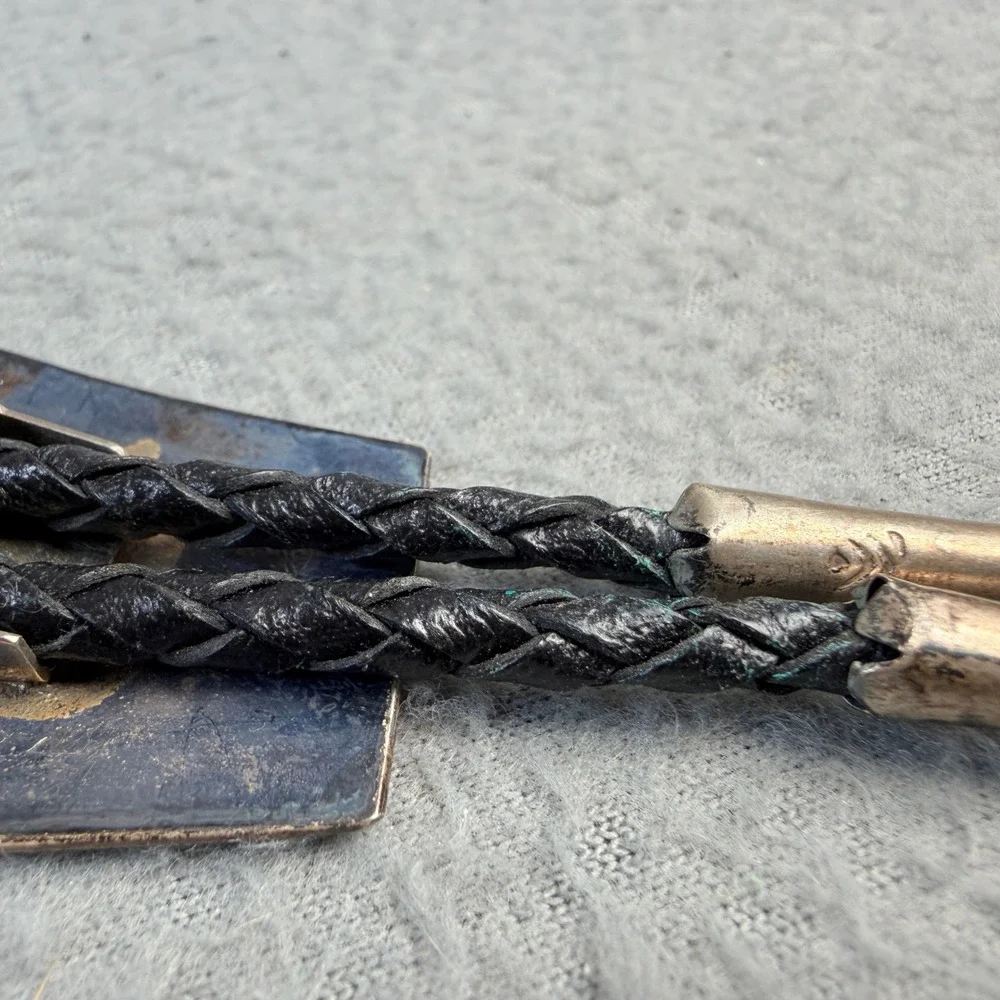 Vintage Hopi Sterling Silver Overlay Turtle Bolo Tie Braided Black Leather Tie